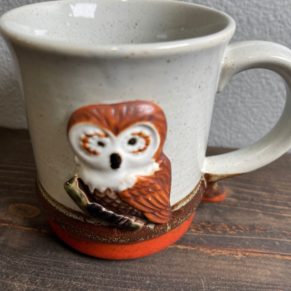 Vintage Ceramic Owl Mug‎ with Speckled Paint Gray Orange Brown 3-D Owl
